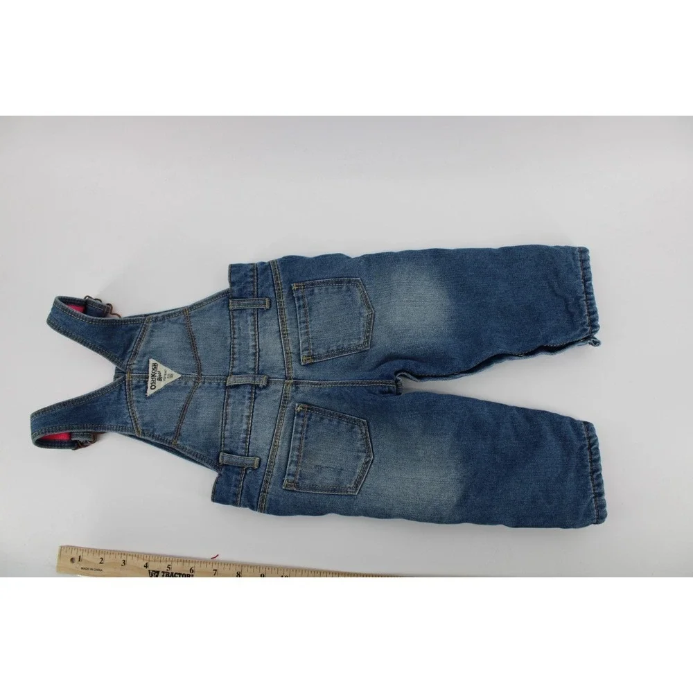 Oshkosh Girls 12 Month Blue Denim Overalls Fleece Lined Pink Bibs